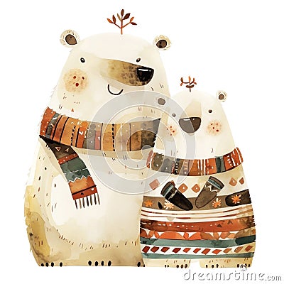 Adorable animated polar bear duo in cozy winter attire Stock Photo