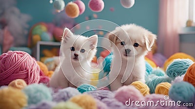 An adorable assembly of a puppy and kitten, playing amidst a pile of soft toys and colorful yarn balls Stock Photo