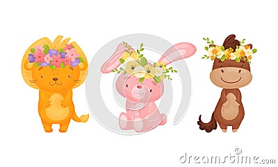 Adorable baby animals in wreaths of colorful flowers set. Lovely lion, horse, rabbit with floral wreath cartoon vector Vector Illustration