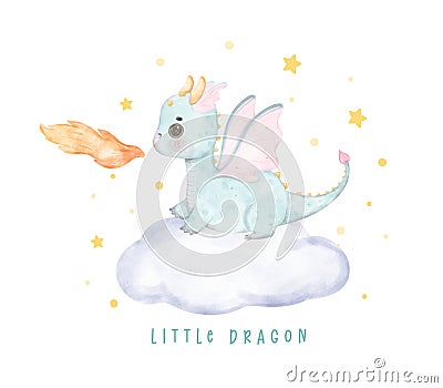 Adorable baby blue dragon on fluffy cloud little dragon watercolour, whimsical children animal nursery illustration Vector Illustration