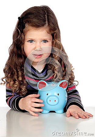 Adorable baby with a blue money-box Stock Photo