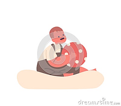 Adorable Baby Boy Character Sitting On The Floor, Holding A Colorful Ball With Joy And Curiosity, Exploring Surroundings Vector Illustration