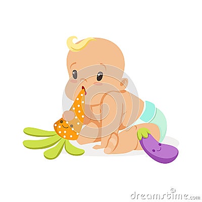 Adorable baby in a diaper sitting and playing with teether toys, colorful cartoon character vector Illustration Vector Illustration