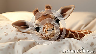 Adorable baby giraffe , lying in white soft bed, in day light Stock Photo