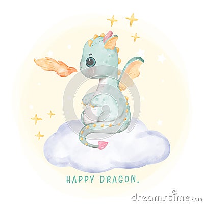 Adorable baby green dragon spilt fireball watercolour, whimsical children animal nursery illustration Vector Illustration