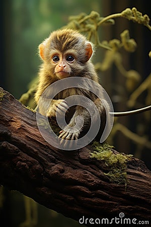 Adorable baby monkey sitting on a branch in the forest, monkeys and primates photo Stock Photo