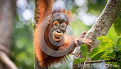 Cute Baby Orangutan Swinging in a Tree Adorable Ape Playing Among Borneos Lush Greenery with Warm Sunset Backdrop, Capturing the Stock Photo