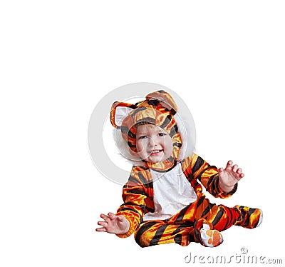 Adorable baby in tiger costume playing smiling acting isolated on white with blank space Stock Photo