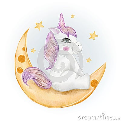 Adorable baby unicorn sitting in the moon watercolor illustration Vector Illustration