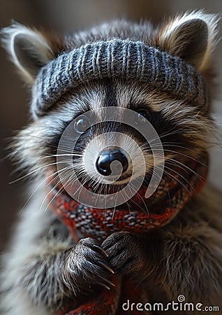 Adorable Bandits: The Mischievous Raccoons of Winter Street Stock Photo