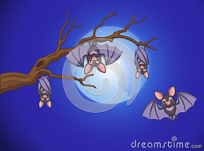 Adorable bat cartoon sleeping and fly at night with full moon background Vector Illustration