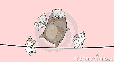 Adorable bear and 4 cats cartoon on the rope Vector Illustration