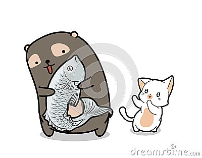 Adorable bear character is catching fish Vector Illustration