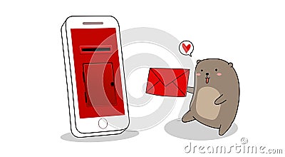 Adorable bear is sending love letter via mobile phone Vector Illustration