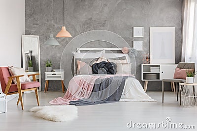 Adorable bedroom with powder pink Stock Photo