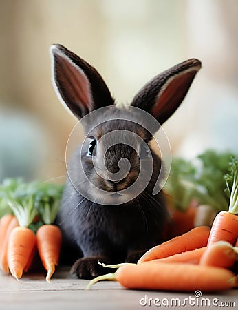 Adorable Black Bunny A Delightful Sight as It Devours Countless Carrots in a Heartwarming Feat Stock Photo