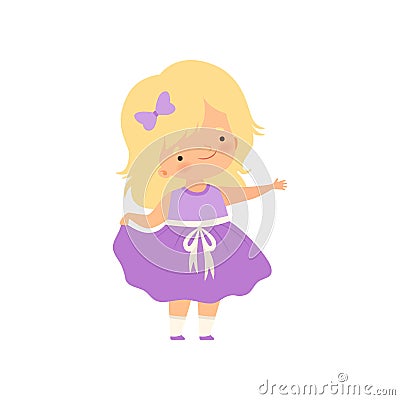 Adorable Blonde Little Girl in Purple Dress Cartoon Vector Illustration Vector Illustration