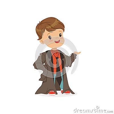 Adorable boy wearing dult oversized suit, kid pretending to be adult vector Illustration Vector Illustration