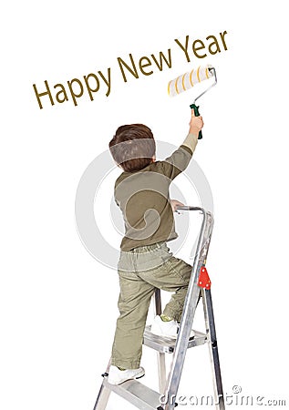 Adorable boy writing congratulation Stock Photo