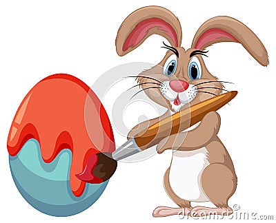 Adorable Brown Rabbit Painting Easter Egg Vector Illustration