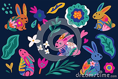 Adorable bunnies with floral elements. Flat cartoon elements in vector Vector Illustration