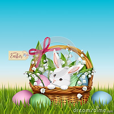 Adorable bunny in wicker basket. Easter spring background Vector Illustration