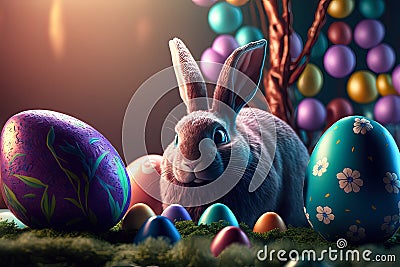 Adorable Bunnys With Easter Eggs In Flowery Meadow. Festive decoration. Happy Easter! Generative AI Stock Photo