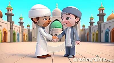 Adorable Cartoon Avatar of Muslim Boys Shaking Hands, Mosque on Background. Eid Mubarak, Generative-AI Digital Stock Photo