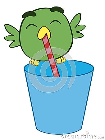 Adorable cartoon bird drinking through a straw Vector Illustration