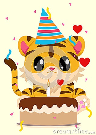 Adorable cartoon tiger wearing a birthday hat and sitting in front to a birthday cake Vector Illustration