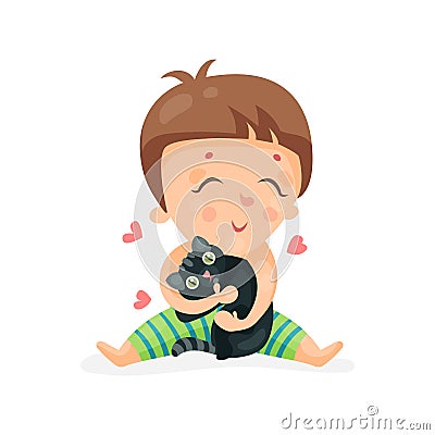 Adorable cartoon toddler baby hugging a black kitten colorful character vector Illustration Vector Illustration