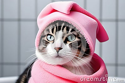 Adorable Cat in Pink Hat and Scarf, Winter Pet Portrait with Cute Feline Animal Enjoying the Season Stock Photo