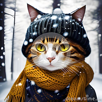 An adorable cat wearing a cozy hat and scarf, surrounded by a snow Stock Photo
