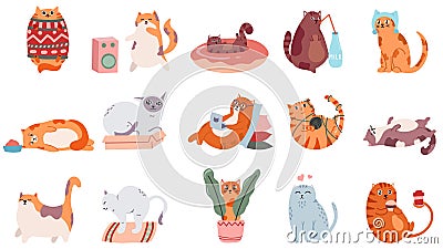 Adorable cats. Cute dancing cat, funny angry kitty and love cat vector illustration set. Domestic animal drinking coffee Vector Illustration