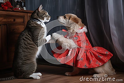 adorable cats and dogs, dressed in tutu and tango shoes, dancing to the music Stock Photo