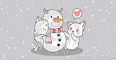 Adorable cats is hugging snowman Vector Illustration