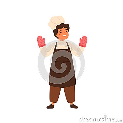 Adorable chief cook portrait. Cute little boy in professional baker uniform. Children in apron, toques, chefs hat, oven Vector Illustration