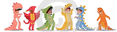 Adorable Children Boys And Girls Characters Dressed As Dinosaurs, Bringing Prehistoric Fun To Life. Colorful Costumes Vector Illustration