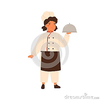 Adorable children little chef cute girl in professional uniform. Child in cooking apron. Smiling kid serving main course Vector Illustration