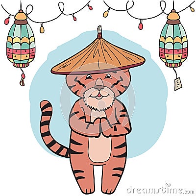 Adorable Chinese Tiger in Vietnamese conical Hat. Happy New Year 2022, China Zodiac Vector Illustration