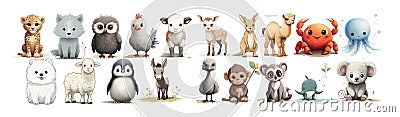 Adorable Collection of Illustrated Baby Animals and Mythical Creatures in a Soft and Appealing Vector Illustration