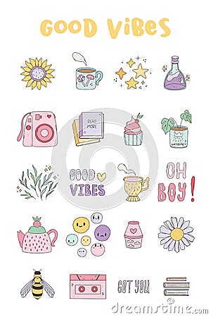 Adorable collection pf vector good vibes stickers, patches, cute pastel badges, fun cartoon icons. Vector Illustration