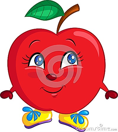 Adorable color kawaii drawing of a cute little apple, happy, with shoes, for children`s book Vector Illustration