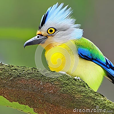 Adorable colorful exotic bird, yellow and green feater, bird with a tail on its head ai Generated, generative AI, CGI Cartoon Illustration