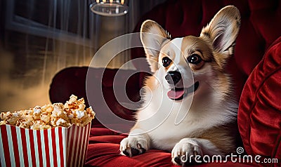 Adorable corgi enjoys popcorn on a cozy couch, ready for TV time. AI generative Stock Photo