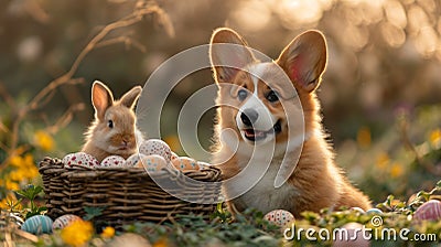 Adorable corgi puppy with baby rabbit sitting in the basket with eggs, in the spring garden Stock Photo