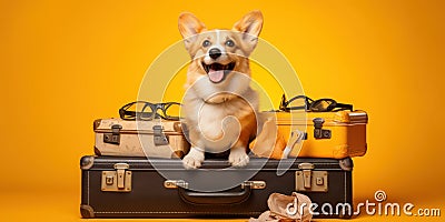 Adorable corgi sits atop suitcases, ready for adventure. AI generative Stock Photo