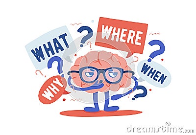 Adorable curious human brain with glasses solving riddles surrounded by questions and interrogation points. Cartoon Vector Illustration