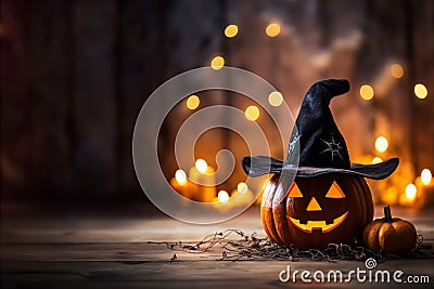 Adorable Cute Carved Pumpkin Halloween Witch Hat Autumn Background Cartoon Illustration