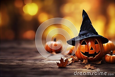 Adorable Cute Carved Pumpkin Halloween Witch Hat Autumn Background Cartoon Illustration